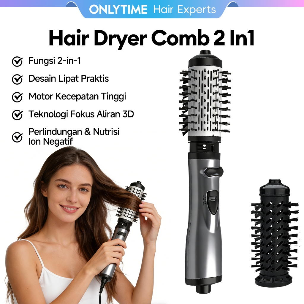 ONLYTIME Hair Dryer Brush Low Watt 2in1 Hot Brush Ceramic Tourmaline - Sisir Catok & Alat Blow Rambu