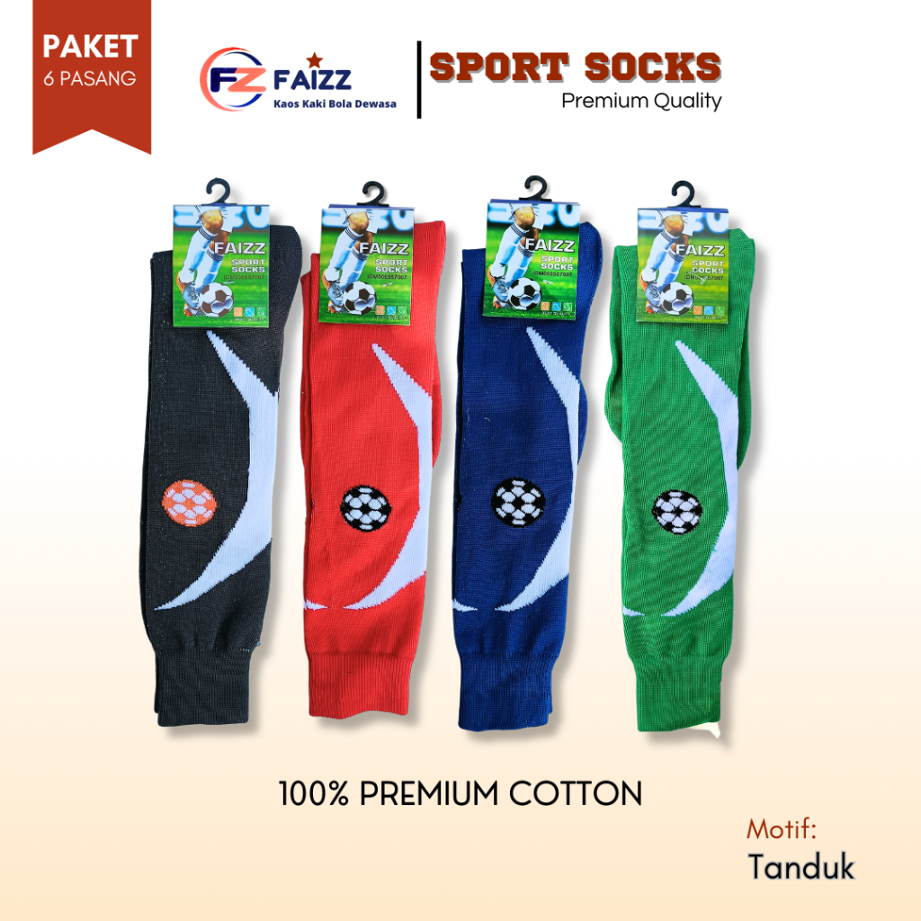6 Pcs Kaos Kaki Sepak Bola Futsal Tebal Panjang Warna Biru, Hitam, Hijau, Merah | Motif Tanduk Bola