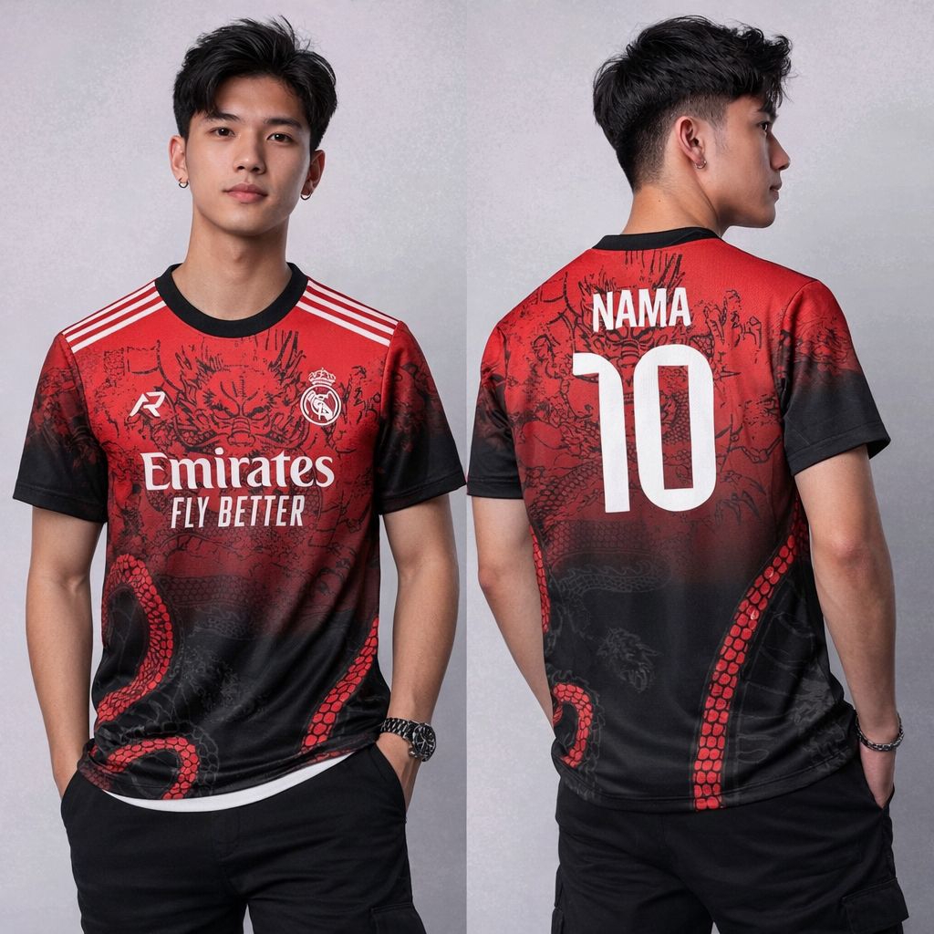 JERSEY REAL MADRID SPESIAL EDITION DRAGON NAGA MERAH HITAM 2026 GRATIS NAMA DAN NOMOR PUNGGUNG