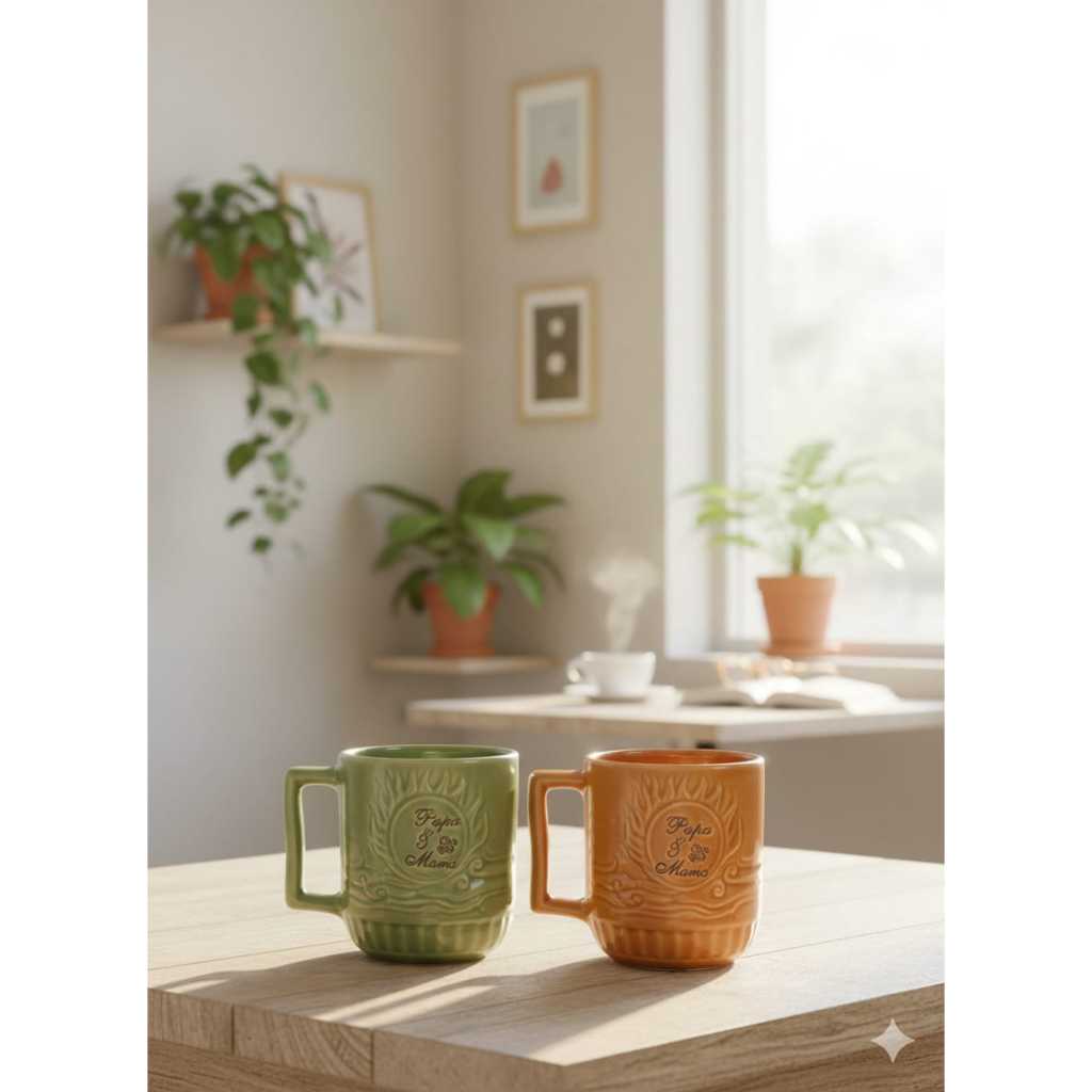 Cangkir Papa & Mama Hijau Keramik Unik Lucu