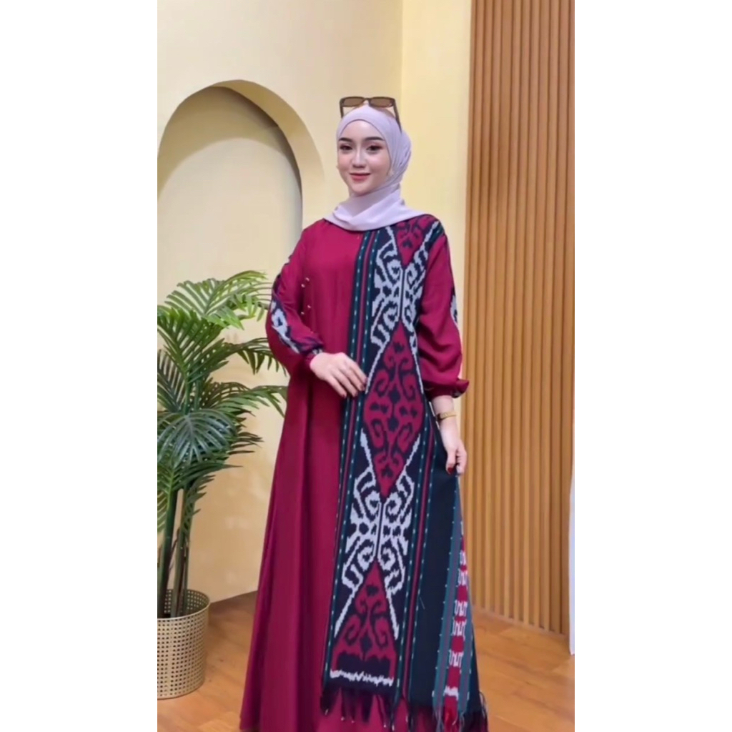 Gamis raya rayon mix tenun - Gamis muslim wanita kekinian etnik modern
