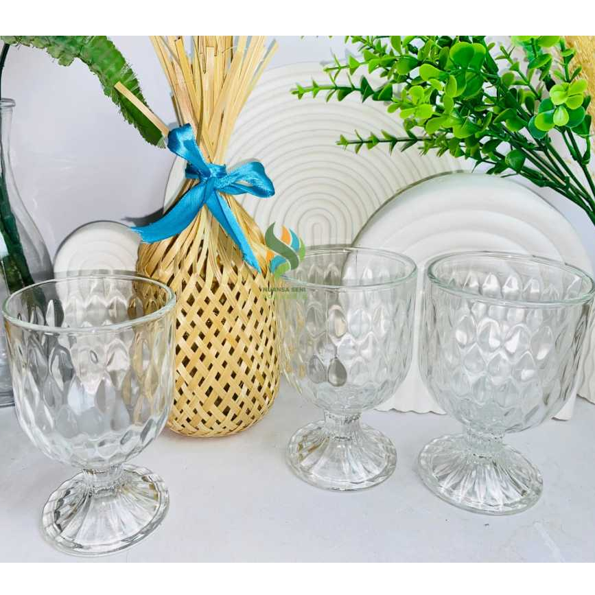 Souvenir Gelas Kaki Kristal Cangkir Wine Mug Stemware Kaca Motif Diamond Glass Bening Polos