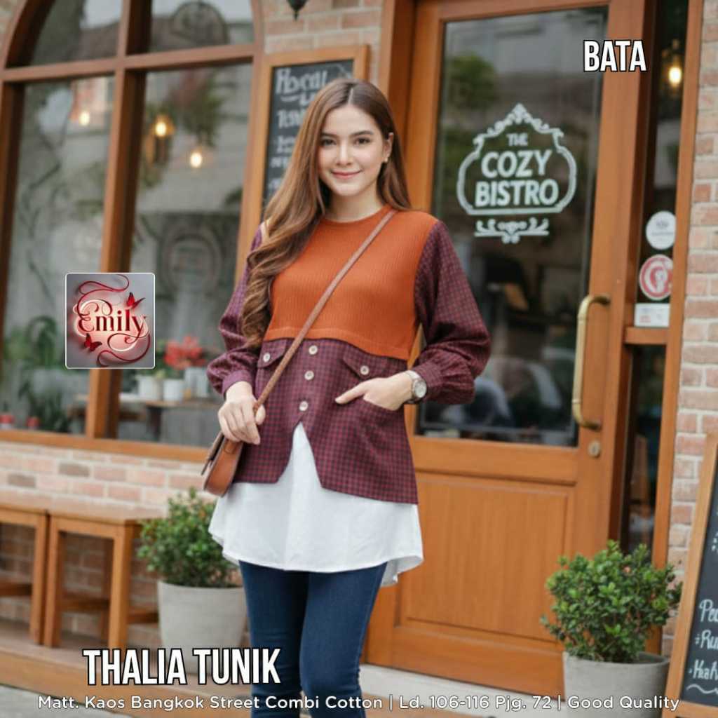 THALIA Tunic Original Emily Kaos Bangkok Street Combi Cotton Lengan Panjang Premium Import Bangkok S
