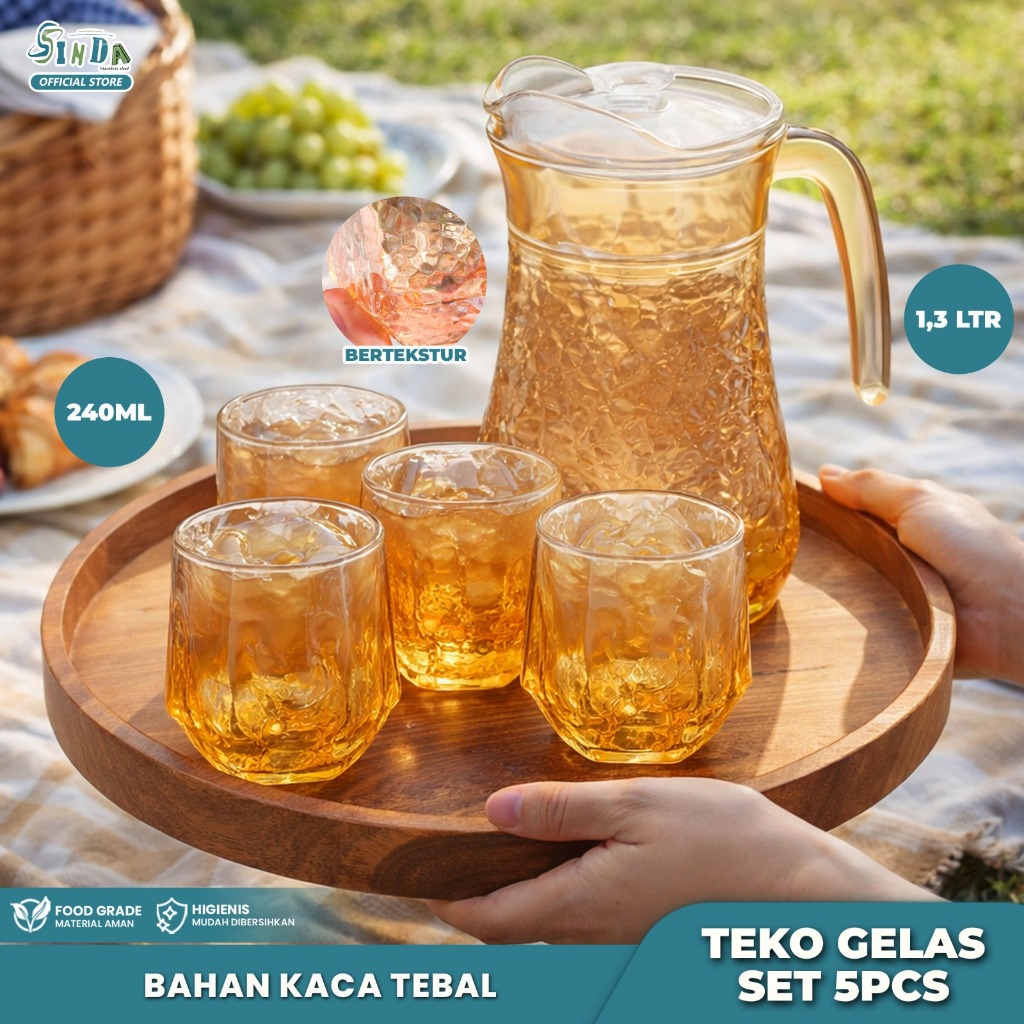 Sinda Set Teko Gelas Kaca Premium - Desain Bertekstur Mewah (1 Teko + 4 Gelas)