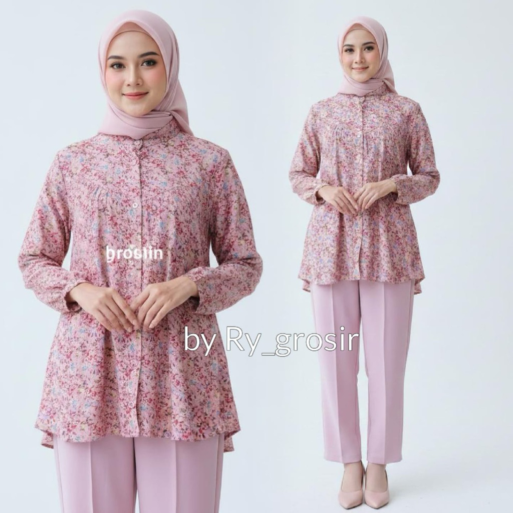 Setelan Wanita Tessa Blus Rayon Twil Motif Bunga Dan Celana Kulot Scuba