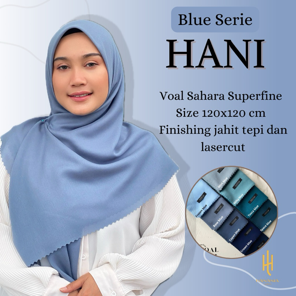 HANI - Hijab Voal Sahara Superfine Jahit Tepi dan Lasercut size 120x120 – Blue Biru Tosca Navy Denim