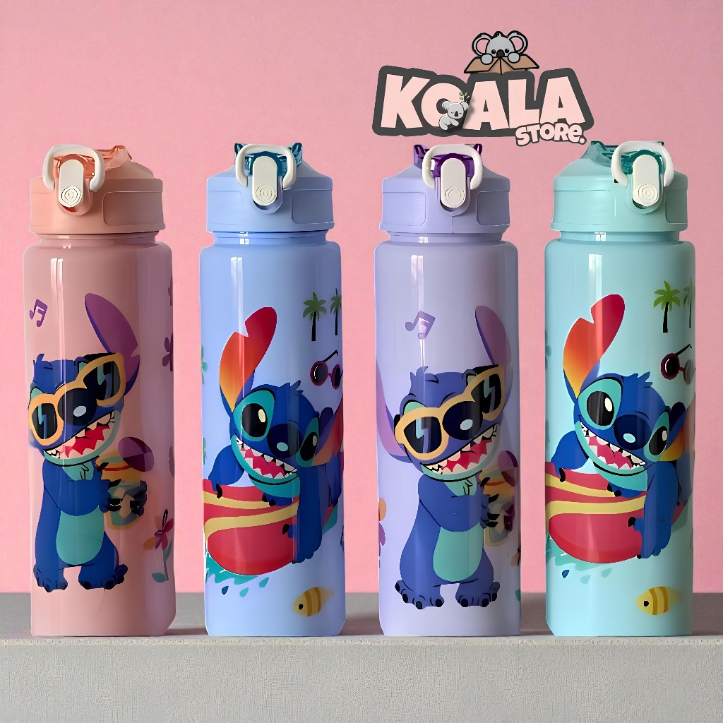 Botol Minum Anak Sekolah Stitch Kapasitas 900 ML BPA FREE Dengan Tali Dan Sedotan Motif Karakter Luc
