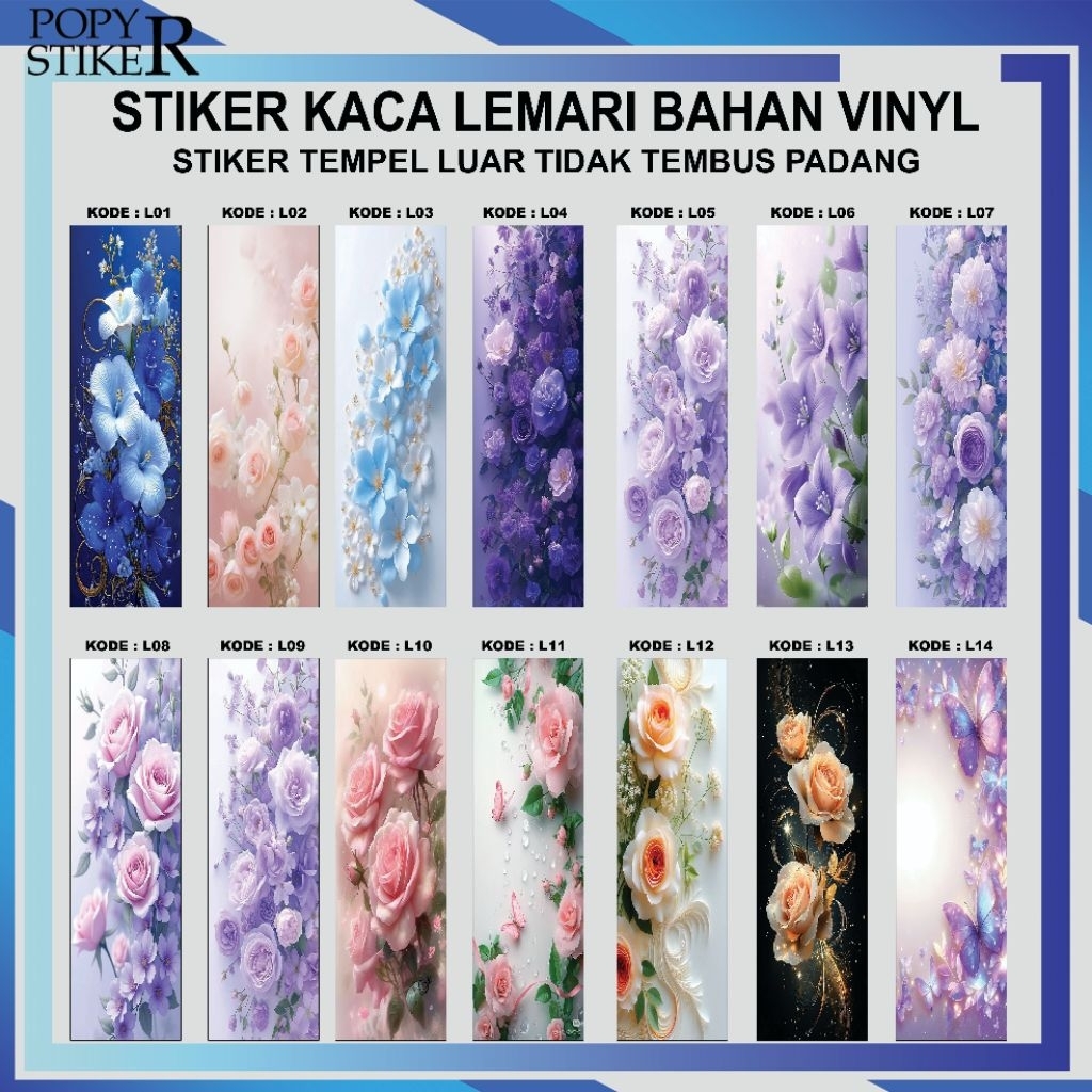 STIKER PINTU LEMARI TEMPEL LUAR MOTIF BUNGA / STIKER KACA LEMARI BAHAN VINYL SATUAN BUKA SET MURAH