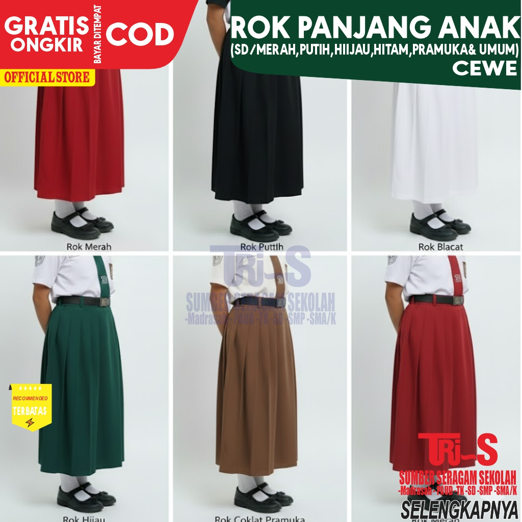 Rok Sekolah Sd Panjang Merah Putih Hitam Hijau Pramuka | Rok Sd Panjang Merah | Seragam Sekolah Panj