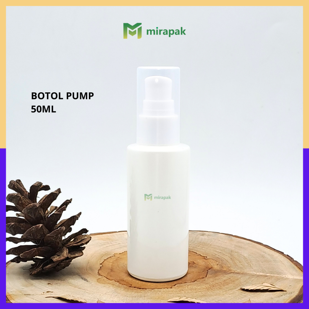 BOTOL PUMP LOTION 50ML PUTIH MUTIARA BAHU DATAR KACA TEBAL - TUTUP PUMP PUTIH FULL COVER BENING - SE
