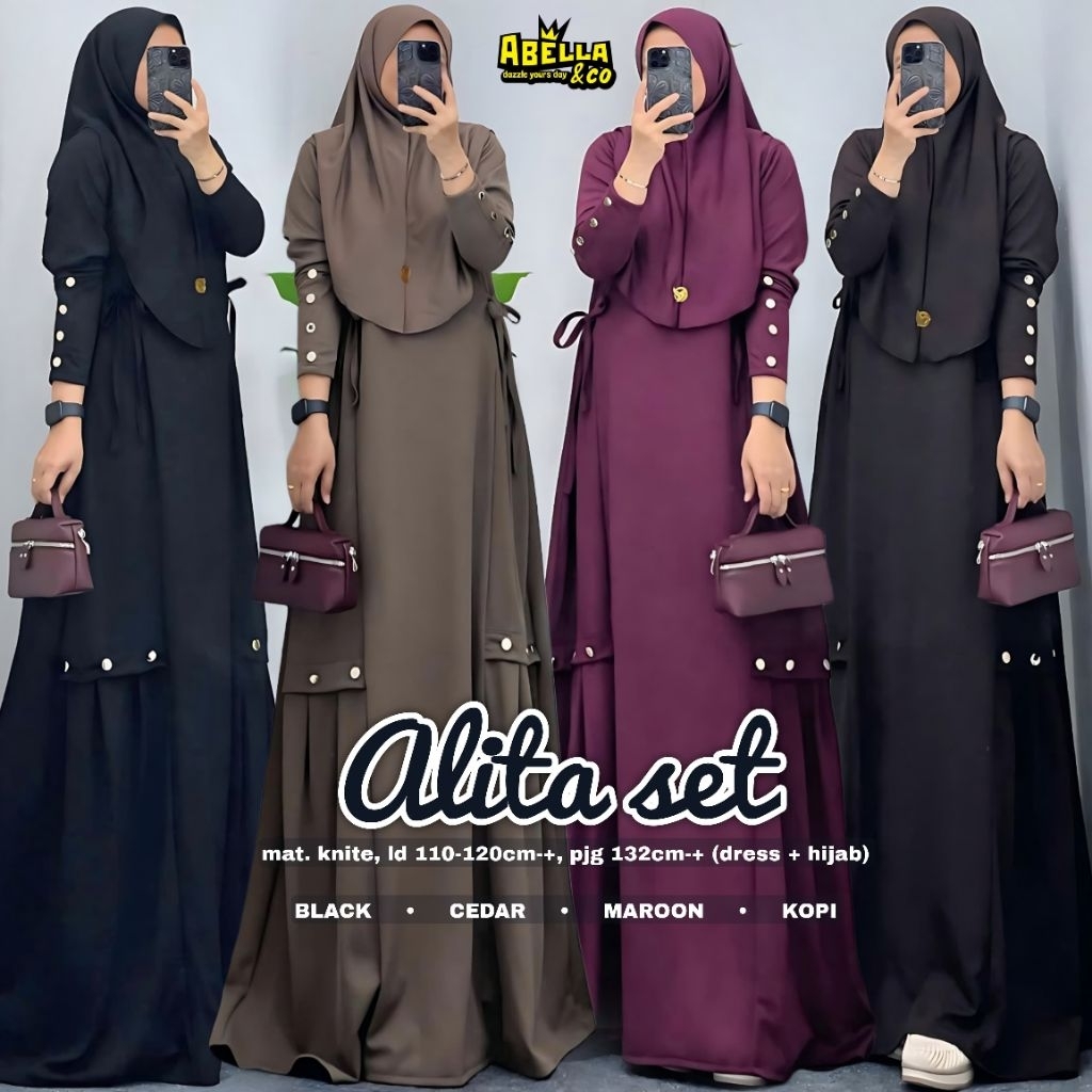 ALITA DRESS + HIJAB ORIGINAL BY ABELLA&CO bahan mat. knite