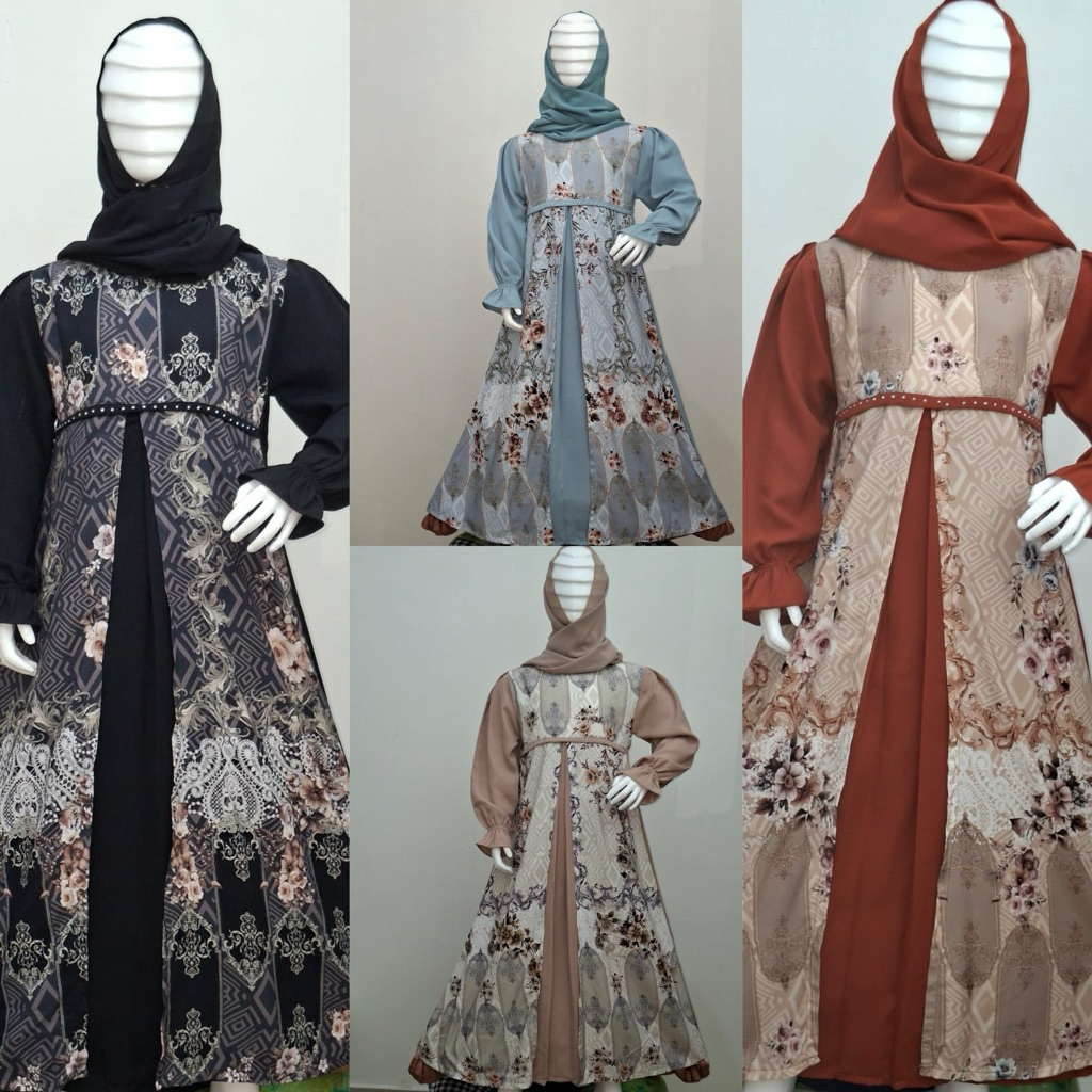 GAMIS MUSLIM ANAK PEREMPUAN BAHAN YORIS MIX KATUN PREMIUM SET HIJAB ( USIA 5-12 TAHUN )
