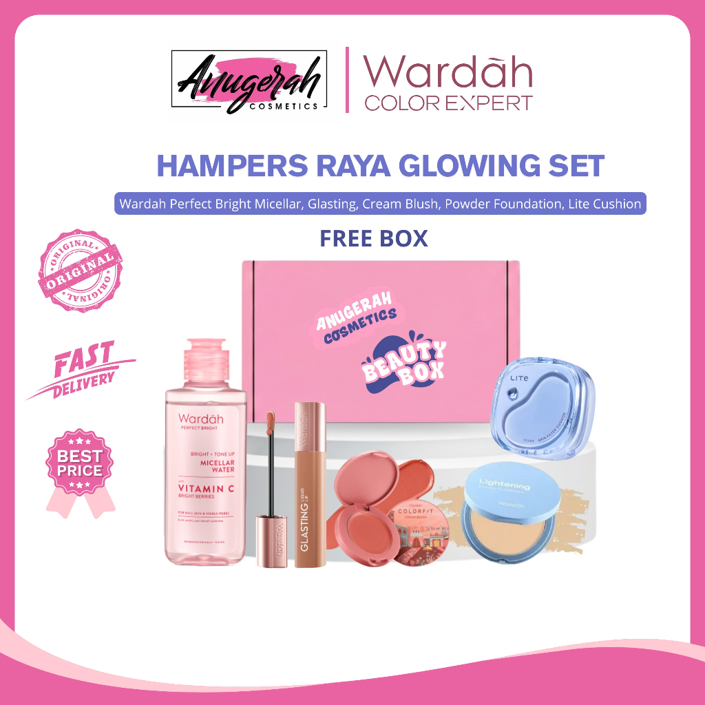 [BUNDLE HAMPERS SET GLOWING] Wardah Lite Glow Cuhsion shade 02, Light Feel Powder Foundation, Cream 