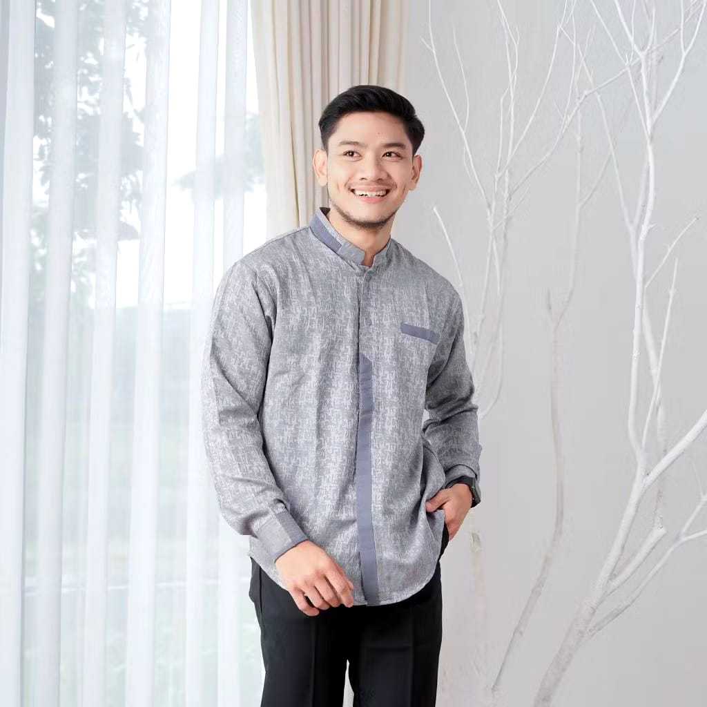 Baju Koko Pria Lengan Panjang Qavi River Grey - Kemeja Koko Baju Muslim Pria Dewasa