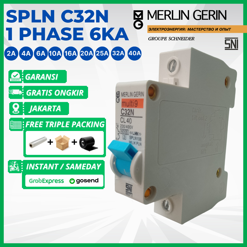 MCB Merlin Gerin Multi9 SPLN 1 CL C32N Phase 6KA SNI Original Baru 1P 2A 4A 10A 16A 20A 25A 32A 40A 