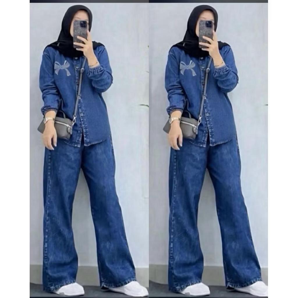 PITA SET JEANS BORDIL, ATASAN KEMEJA JEANS, CELANA KULOT JEANS SAKU, SETELAN CELANA JUMBO WANITA