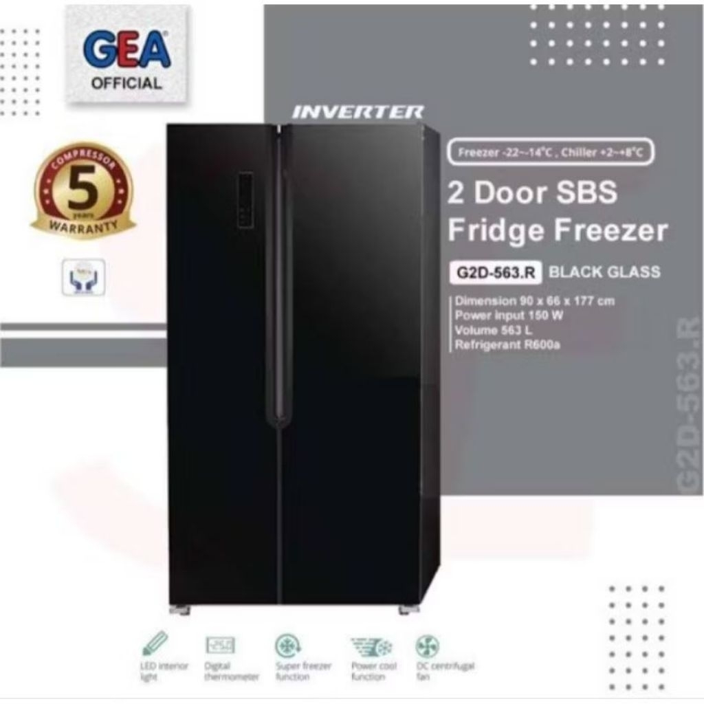 Gea Kulkas Side by side Inverter G2D-563 / G2D 563 / G2D563 563Liter BLACK - GARANSI RESMI GEA