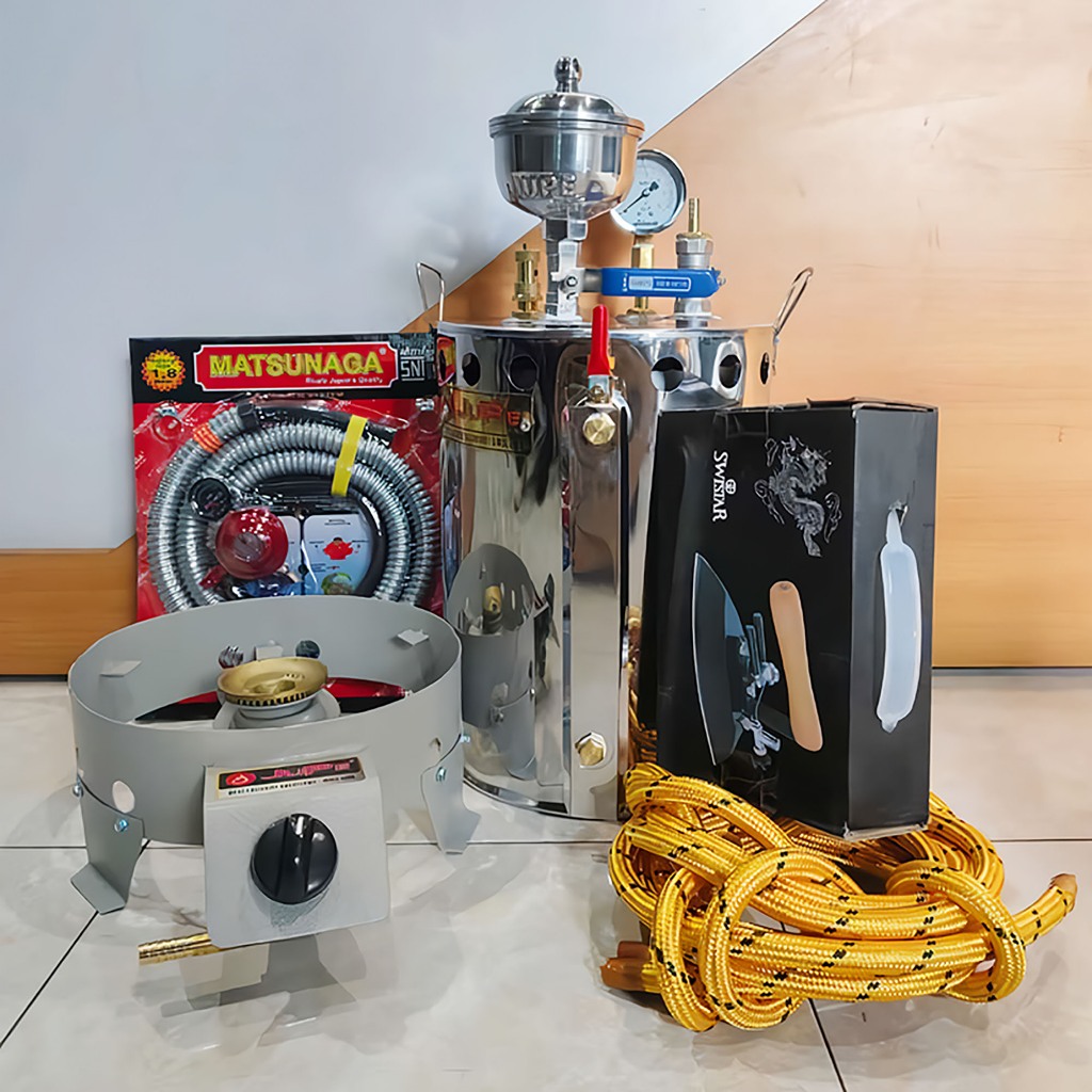 SETRIKA UAP LAUNDRY, KONVEKSI & GORDYN 15 LITER / Setrika Boiler Gas Uap Laundry 15 Liter Full Set