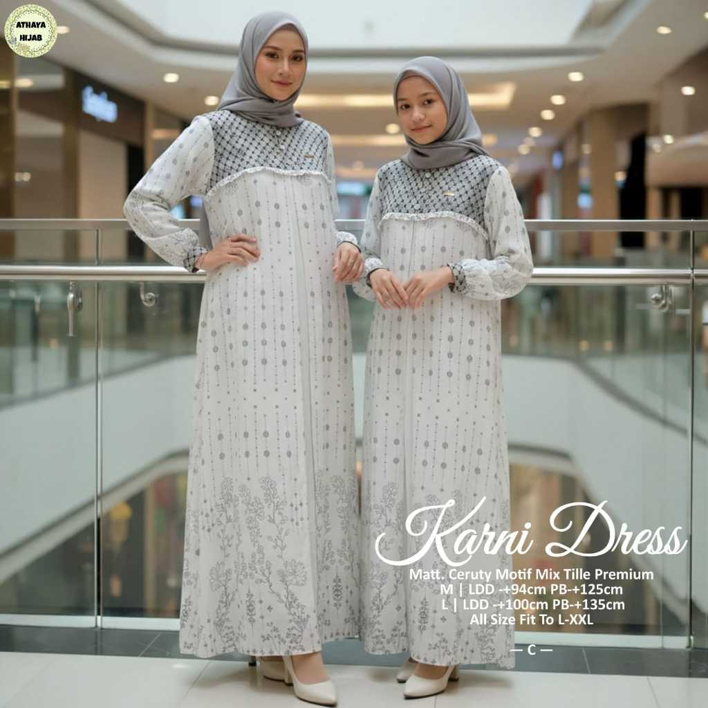 Karni Dress Gamis Syari Outer Abaya Wanita Original ATHAYA HIJAB Ceruty Motif Mix Tille Premium Leng