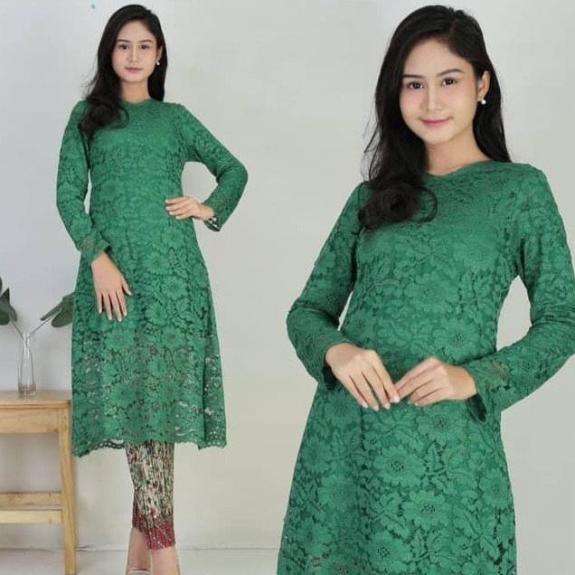 Atasan Kebaya Brukat Baju Kurung Full Puring Warna Hijau Botol