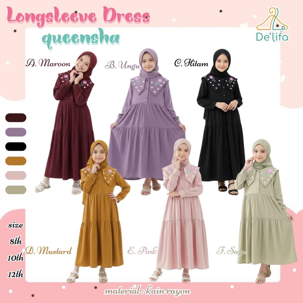 DELIFA | Longsleeve Dress Queensha | Gamis + Pashmina Rayon Anak
