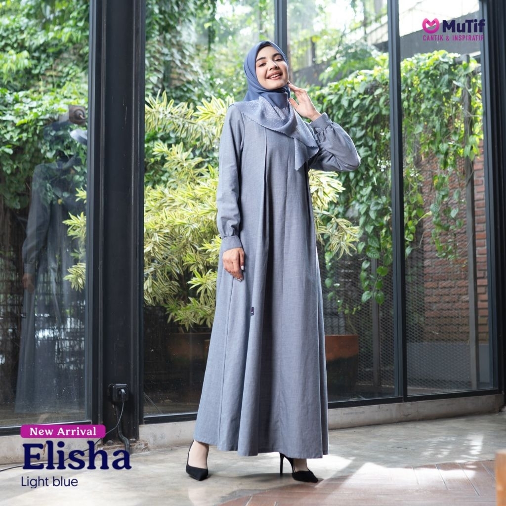 Gamis Muslimah Elisha Light Blue MuTif Dress Panjang Elegan Busui Friendly Bahan Adem Premium