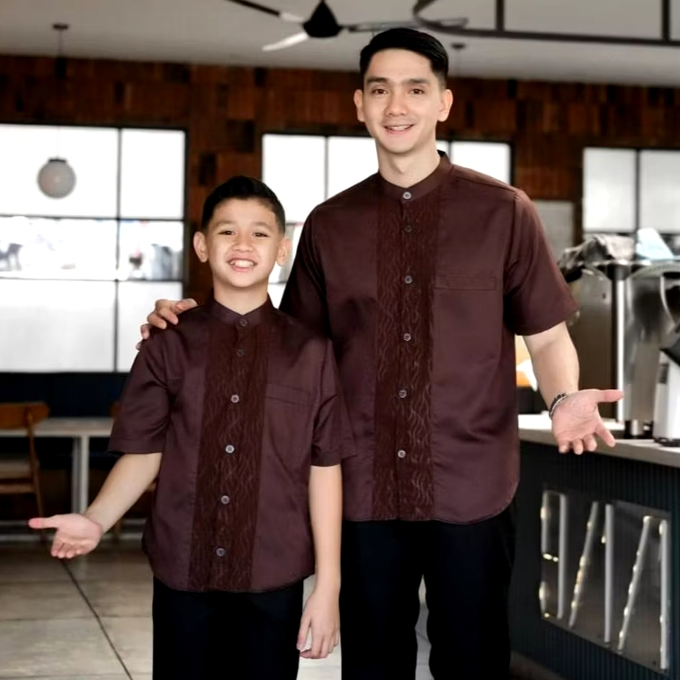 Baju Koko Couple Ayah Dan Anak Lengan Pendek Motif Embos Bahan Kain Toyobo