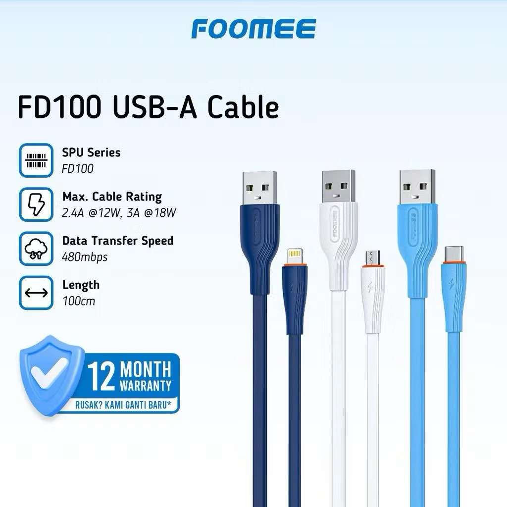 Foomee FD100-M / FD100-C / FD100-L Cable Data Flat Type-C/Lightning/Micro Fast Charging 1M FD100