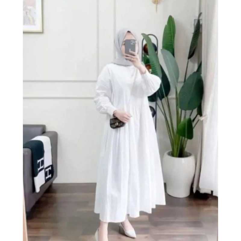 Gamis Crinkle Airflow Midi Putih Polos Remaja Muslim Terbaru
