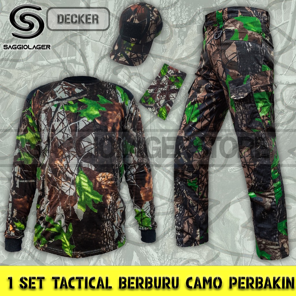Satu Set Setelan Baju Kaos Decker Celana Tactical Topi Kamuflase Camo Perbakin Hunting Berburu