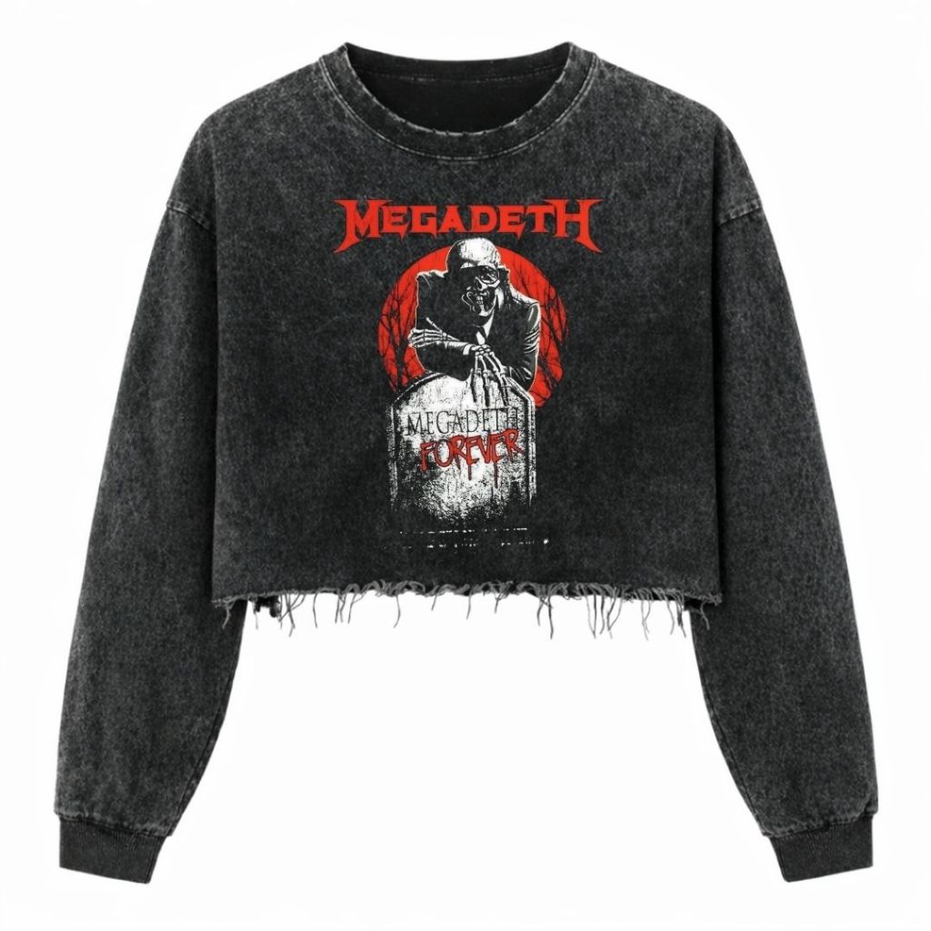 Psycho Crucify "Megadeth" Crop Top Long Sleeve Oversized T-Shirt | Washing | Crop Tee Unfinished | V