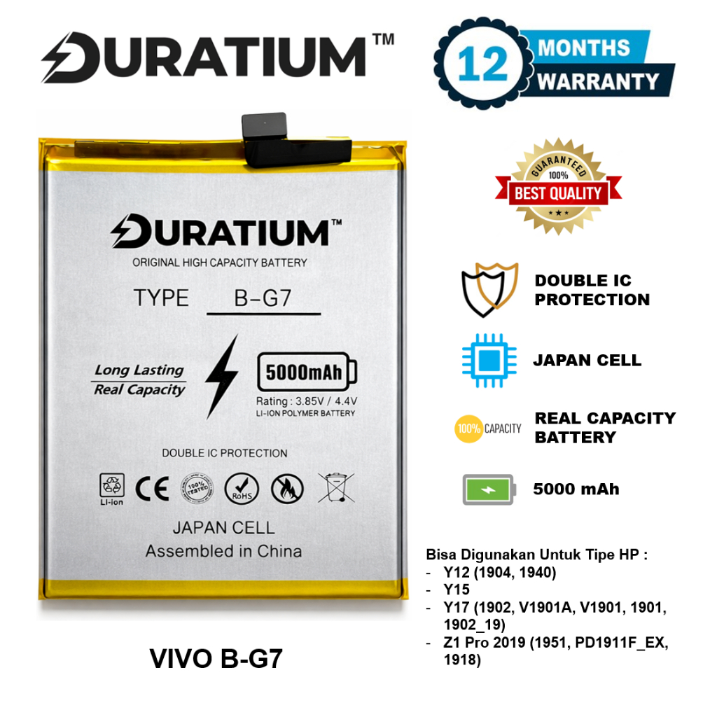 DURATIUM ORIGINAL Baterai Vivo Y12 / Y15 / Y17 / Z1 Pro 2019 B-G7 BG7 1ICP5/66/90 Real Capacity 100%