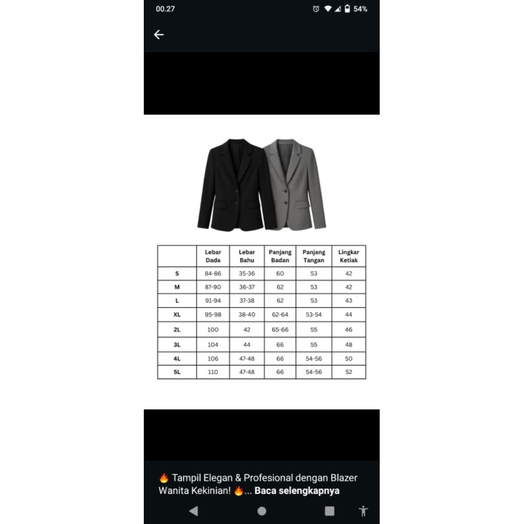 Blazer Wanita Formal Kancing Dua Hitam Lengan Panjang