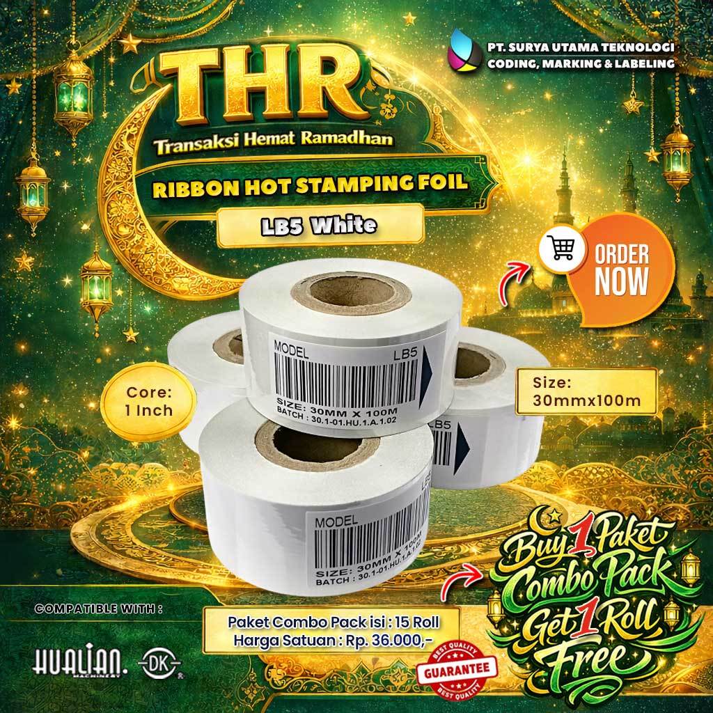 Ribbon Tape Hot Stamping Foil LB5 Putih Ukuran 30mm x 100m  Paket Combo Pita Tinta 15 Roll Free 1 Ro