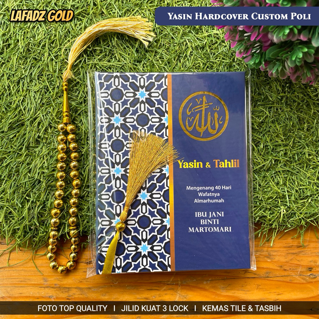 Yasin Hardcover Custom Poli Lafadz Emas 128 Halaman Biru, Kemas Tile & Tasbih