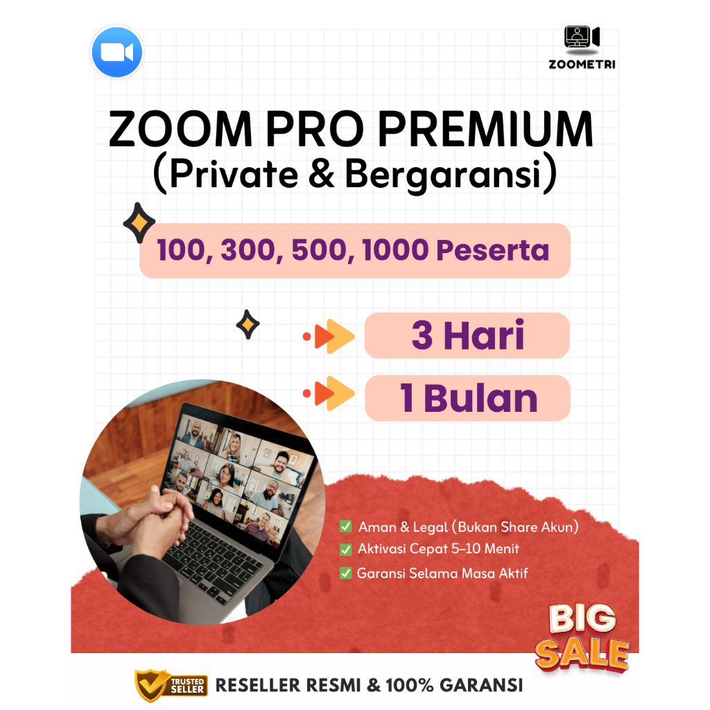 Zoom Premium Pro 3 Hari 1 Bulan 100 300 500 1000 Peserta Bergaransi