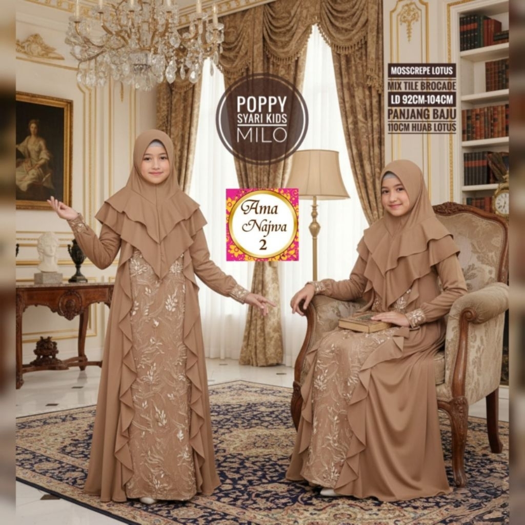 Gamis anak syari mix tile set jilbab lotus motif modis kekinian LD 92-104 poppy syari kids by Ama Na