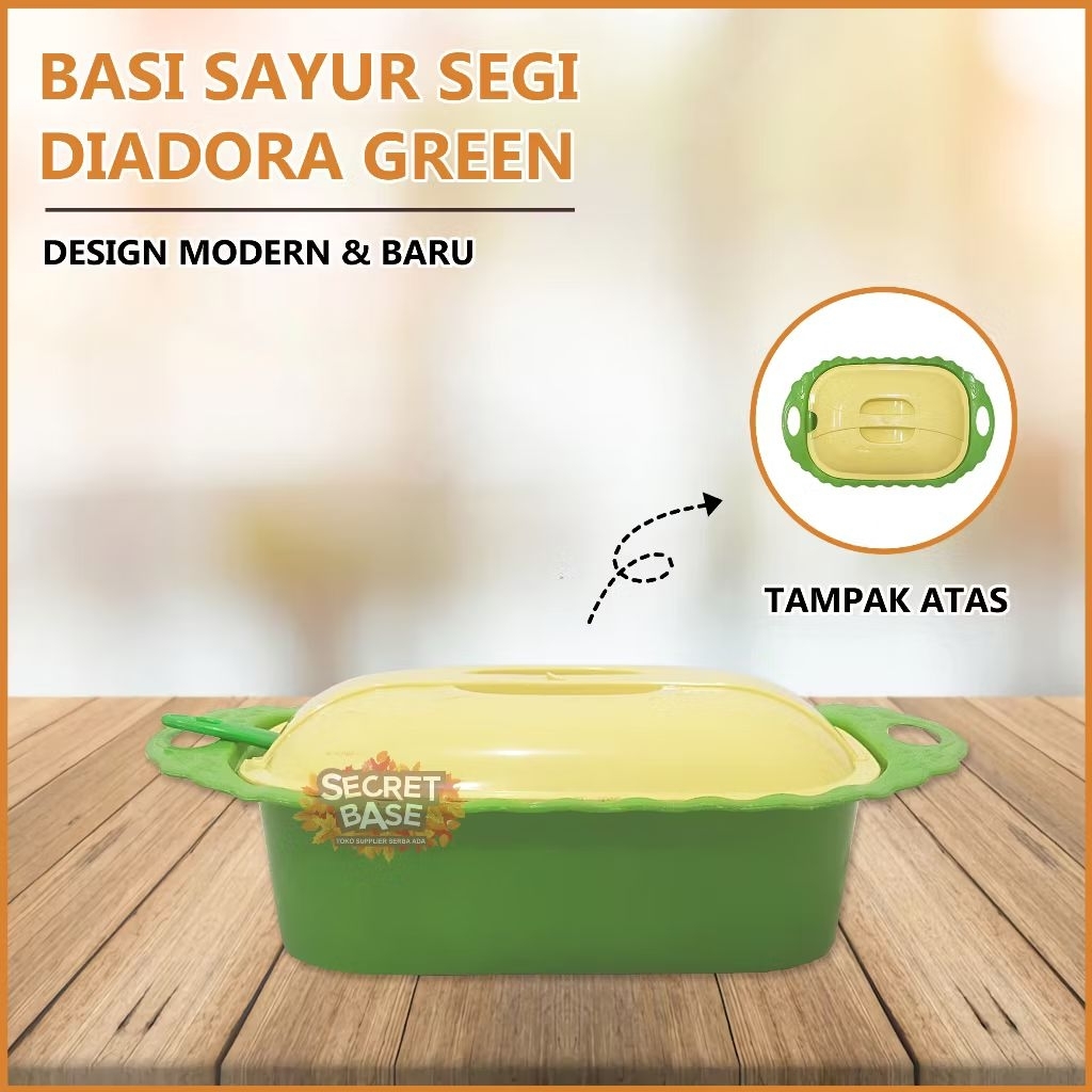 Tempat Lauk Plastik Diadora - Hijau, Desain Elegan, Tutup & Sendok Centong