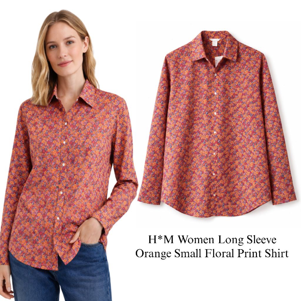 H*M Women Long Sleeve Orange Small Floral Print Shirt/Kemeja Wanita Branded Fulltag/Kemeja Wanita Te