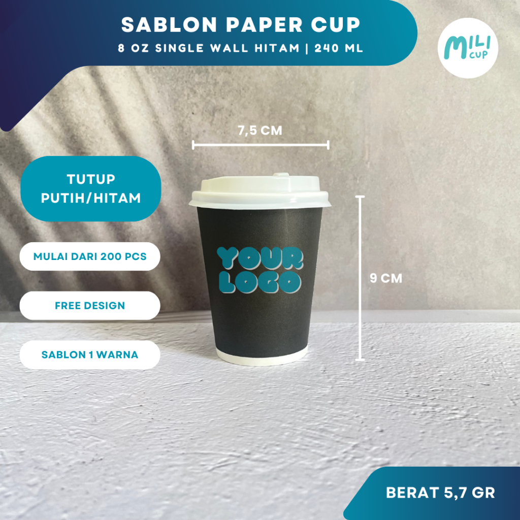 Sablon Paper Cup 8 Oz Single Wall Hitam Custom Logo | Cetak Gelas Kertas Kopi Cafe Premium Tebal
