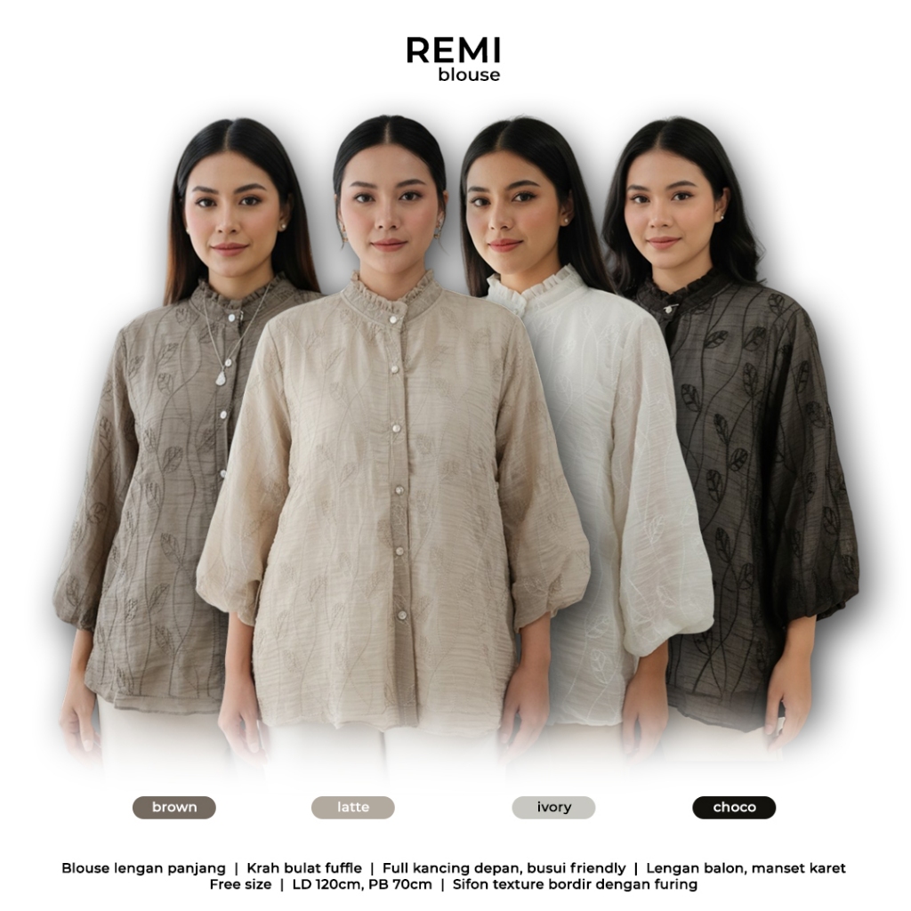 Dzakirah Blouse REMI Baju Pakaian Atasan Wanita Bahan Sifon Texture Bordir Dengan Furing Ld 120 cm W