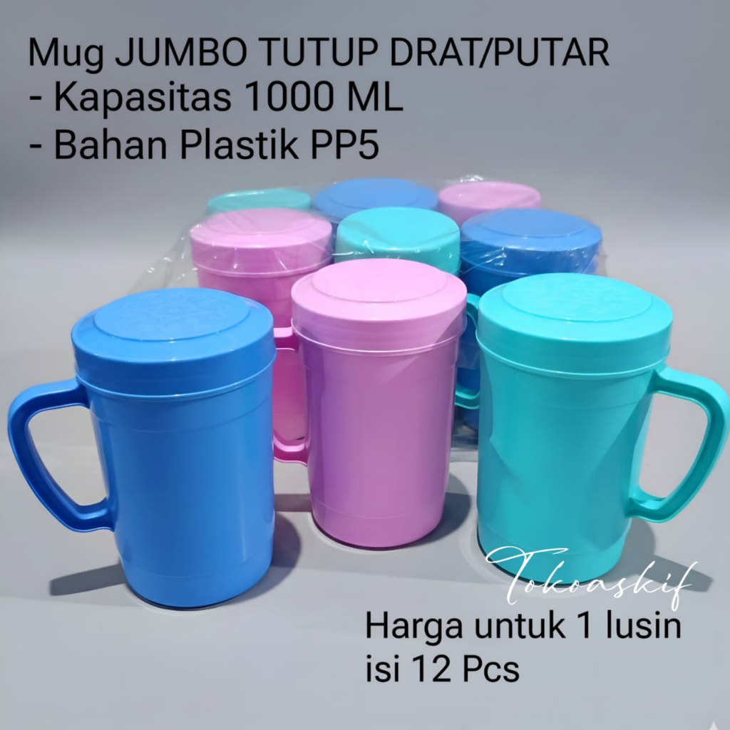 GROSIRAN 1 Lusin isi 12 Pcs - Mug + Tutup Plastik 1000 ml Bpafree Foodgrade Cangkir tutup putar JUMB