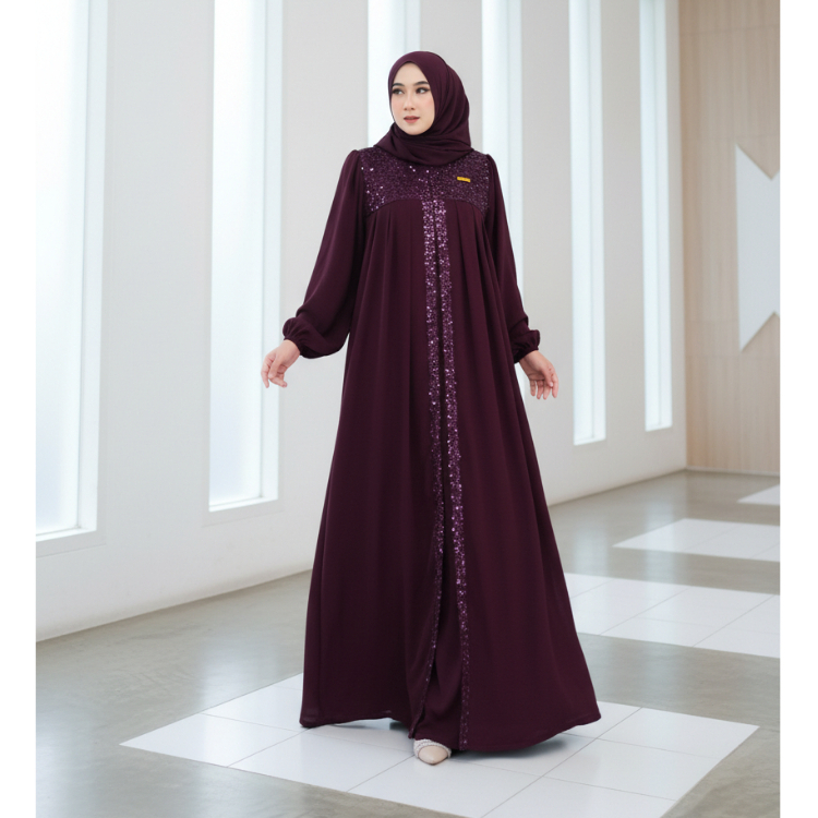 Abaya Turki Model A-Line Payet Mewah Bahan Crinkle Airflow Syar’i – Set Abaya + Hijab