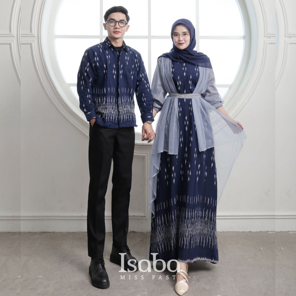 ISABA - BAJU TENUN COUPLE HANA - DRESS MARIPOSA NAVY TERBARU - GAMIS LEBARAN COUPLE KEMEJA