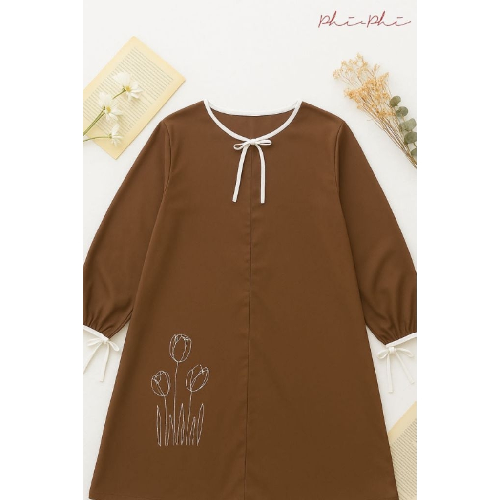 Baju Tunik Wanita lengan panjang bordir bahan katun toyobo resleting depan Kayla by Phiphi