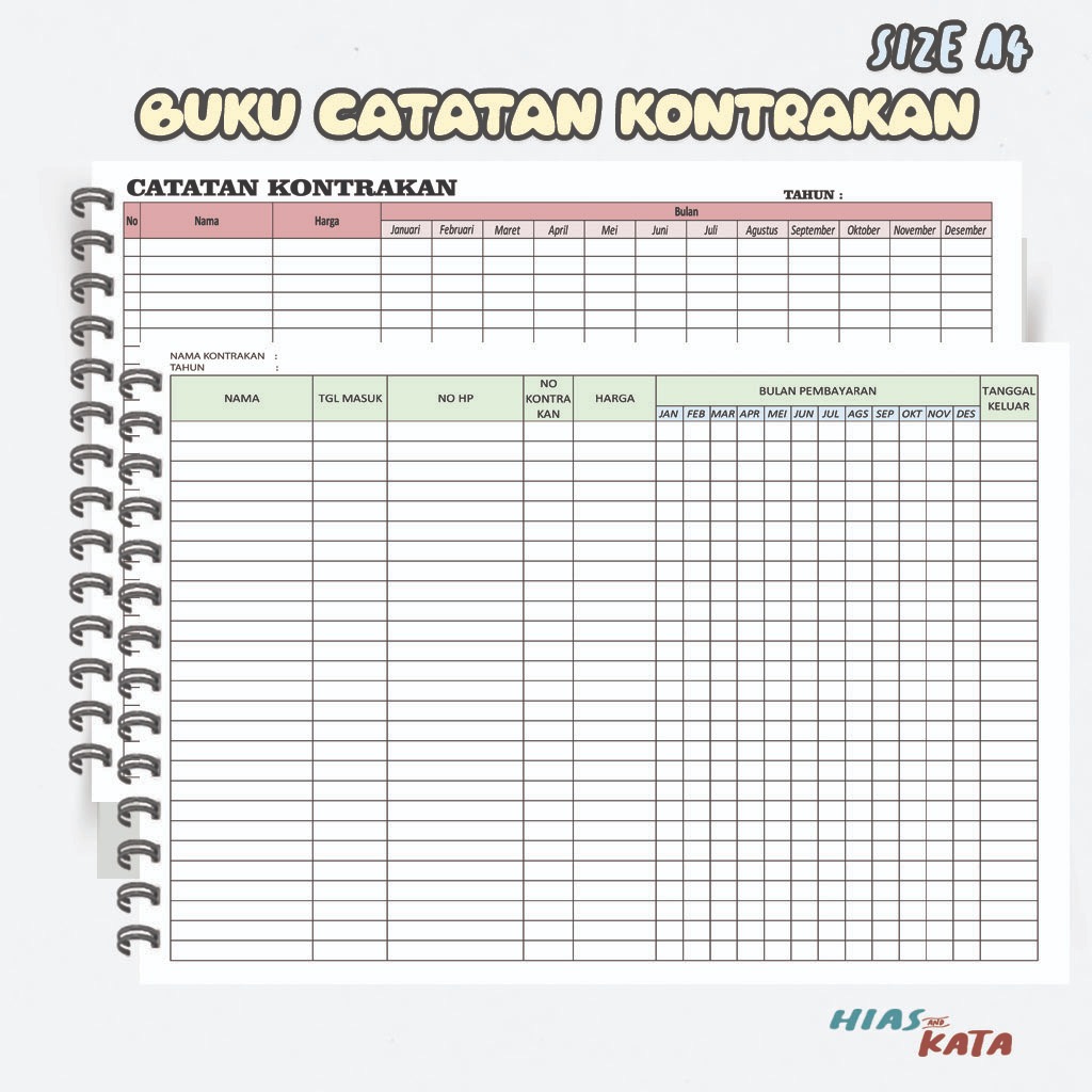 Buku Catatan Kontrakan Bulanan A4 Jilid Spiral Free Custom Judul Cover