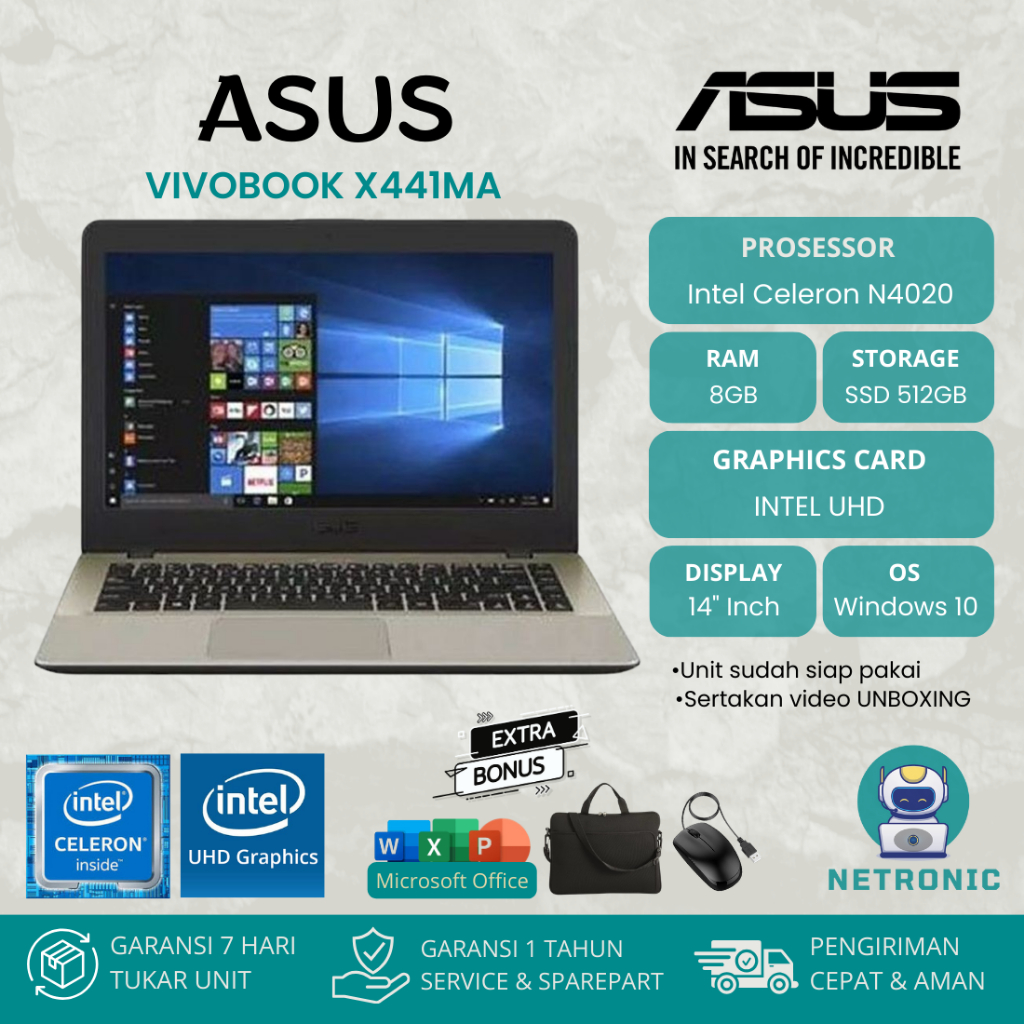 ASUS VIVOBOOK X441MA INTEL N4020 RAM 8GB SSD 512GB 14" INCH HD
