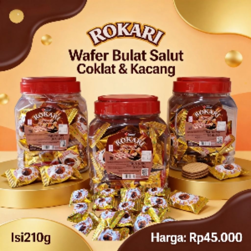 ROKARI Wafer Bulat Salut Coklat & Kacang 210g | Camilan Manis Renyah | Snack Toples Murah