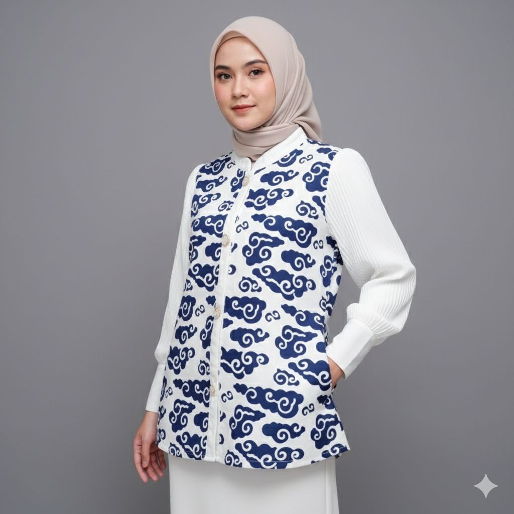 blus batik premium Mega mendung biru mix plisket premium