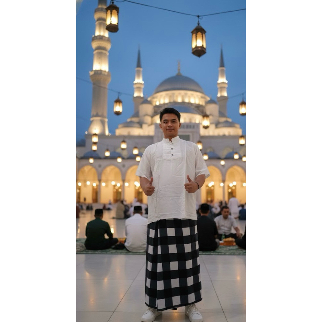 SETELAN SARUNG KOTAK POLOS KOKO PUTIH DEWASA